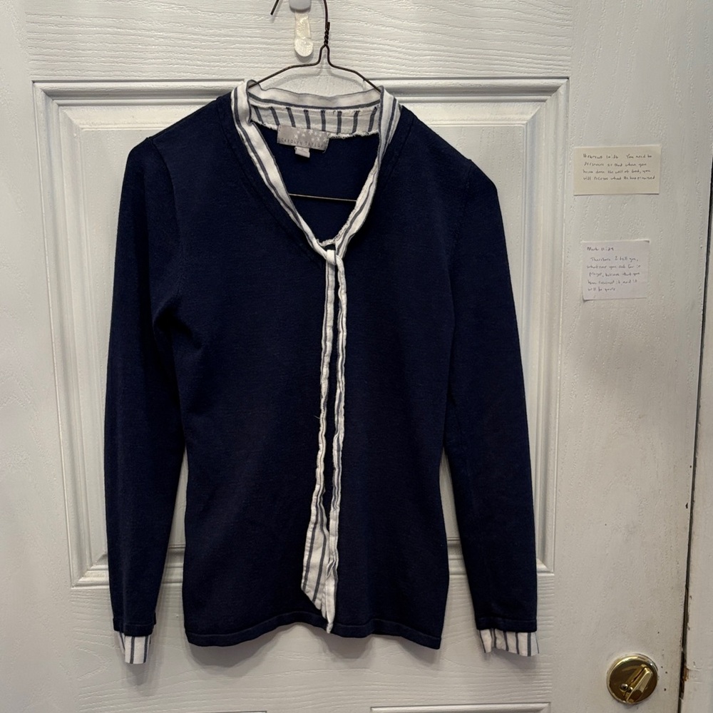 Carolyn Taylor Navy and White Striped trimmed Sweater